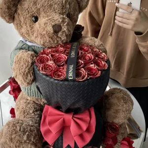 Valentine’s Day Birthday Gift 4 Colors Real Everlasting Forever Eternal Immortal Bear Preserved Roses Flower Bear with Gift Box