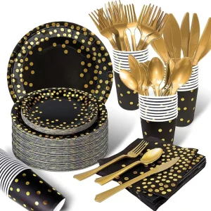 Valentine’s Day Black Gold Disposable Dinnerware Set with Forks Knives Paper Plates Napkins