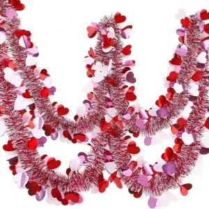 Valentine’s Day Christmas Decorations Red Pink White Metallic Heart Tinsel Garland for Indoor Outdoor Wedding Home Decor