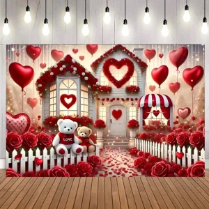 Valentine’s Day Decor Banner Backdrop Red Rose love Shaped Balloon Party Wedding Valentine’s Day Decorations Backdrop Background