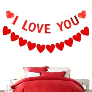 Valentine’s Day Decor Red Heart I LOVE YOU Banner 10 Pieces Red Heart Bunting for Wedding Decor Valentine’s Day Supplies