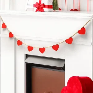 Valentines Day Decor Red Heart Shaped Wooden Hanging Banner With Beads Valentines Day Garland Decorations