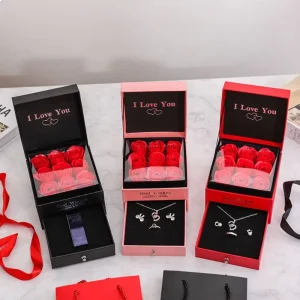 Valentine’s Day Gift 9 Eternal Soap Roses Flowers Jewelry Box Flip Top Forever Roses Flower Ring Necklace Box Packaging