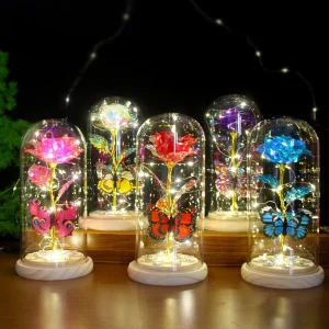 Valentines Day Gift Led Light Foil Galaxy Infinity Rose Glass Dome 24k Gold Rose Butterfly Factory Price Long Lasting 3 5 Years