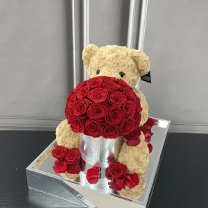 Valentine’s Day Gift Wedding Decoration Eternal Preserved Rose Bear Dried Immortal Flowers Acrylic Box A Grade Quality 2 3 Years