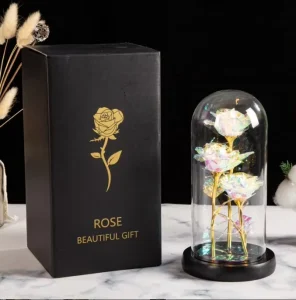 Valentine’s Day Gifts Three Gold Foil Flowers Glass Cover Ornaments Luminous LED Lights Decorative Gifts Christmas Ornaments
