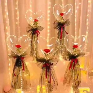 Valentine’s Day High Quality Rose Flower Bouquet PVC Bubble Balloons LED Light Easter Single Gift Set Decoration