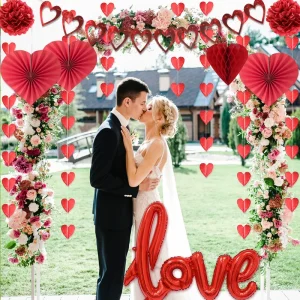Valentine’s Day Home Decor Love Foil Balloons Red Heart Paper Fan Rose Petals for Wedding Decoration Valentine’s Day Balloon Set