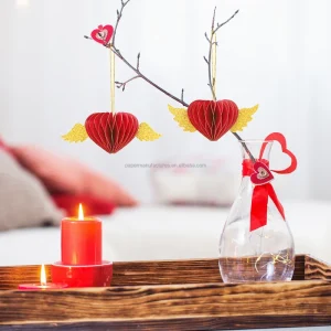 Valentine’s Day Paper Decorations Eco Friendly Red Heart Wings Honeycomb Hanging Decorations Indoor Festival Ornaments