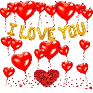 Valentine’s Day Party Balloons Kit ‘I Love You’ Heart Rose Petal Aluminum Banner Graduation New Year Events Decorations Metallic