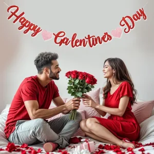 Valentine’s Day Party Decoration Happy Valentines Day Sparkling Pink Flower Wedding Scene Decoration Love Party Flag