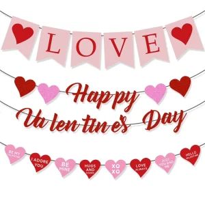 Valentine’s Day Party Decoration Love Love Flag Happy Valentines Day Sparkling Pink Flower for Wedding Party