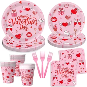 Valentine’s Day Party Decoration Supplies Hot Pink Heart Love Theme Disposable Tableware Set