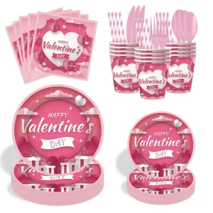 Valentine’s Day Pink Theme Disposable Paper Tableware Set Love Party Supplies Including Cup Towel Tablecloth Birthday Props