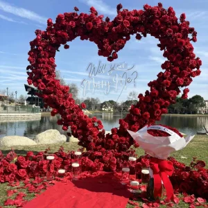 Valentine’s Day Wedding Backdrop Decorations Artificial Red Heart shaped Arch White Floral Wall Proposal Background Parties