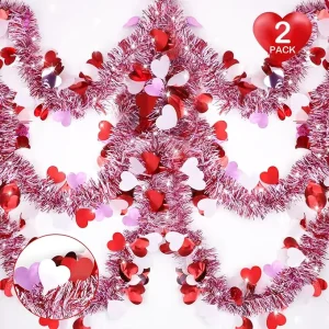 Valentines Heart Tinsel Garland Decorations Valentine’s Day Decorations for Home Indoor Outdoor Wedding Hanging Valentines Day