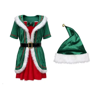 Velvet Christmas Performance Dress with Short Sleeves TV & Movie Costume Party Set Including Skirts Hat and Belt for Women