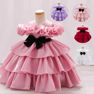 Velvet Flower Girl Dress with Bow Elegant Princess Dress for Kids for Birthday Party Wedding Performance Summer Gown