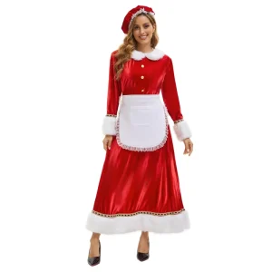 Velvet Long Santa Claus TV Costume with Lace Apron & Bonnet Fur Trim Christmas Party Outfit