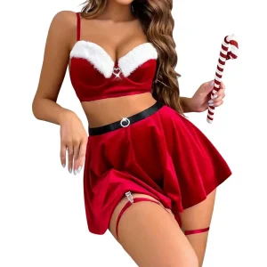Velvet Solstice Sexy Christmas Lingerie Set Red Mrs Claus Uniform Faux Fur Trim Naughty Santa Roleplay Exotic Costume