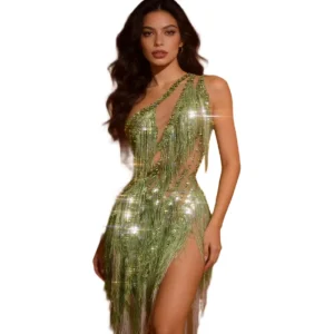 Vestidos One Shoulder Birthday Evening Banquet Rhinestone Dress Women Tassel Night Club Party Long Dress Show Festival Costume