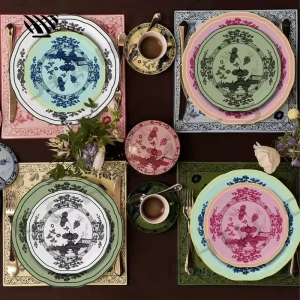 Vibrant Multicolored Elegance Porcelain Dinnerware Set With Intricate Floral Landscape Patterns