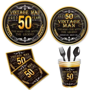 Vintage 50th Birthday Party Tableware Set Disposable Black Gold Paper Plates Napkins Cups Modern 50 Party Decorations