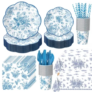Vintage Blue Floral Pattern Dinner Plates and Napkin Set for Tea Parties Birthday Parties and Weddings