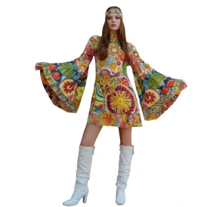 Vintage Boho Hippie Flare Sleeve Dress Colorful Abstract Print Festival Halloween Party Women Polyester Spandex Costume Sizes