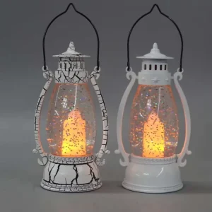Vintage Crackle White Christmas Lantern LED Snow Globe Santa and Snowman Glitter Light