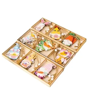 Vintage Easter Wooden Bunny and Egg Hanging Ornament Set