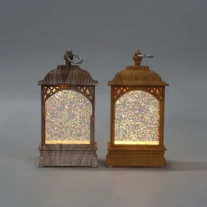 Vintage Faux Wood Christmas LED Snow Globe Lantern 4 Designs Swirling Glitter Lamp for Decor