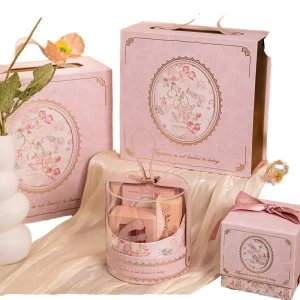 Vintage Floral Print Pink Gift Box Transparent Round Handheld Bag Luxury Packaging for Cosmetic Holiday Gifts