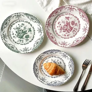 Vintage French Floral Ceramic Plate Retro Toile De Jouy Style Porcelain Dessert Salad Dish for Afternoon Tea Restaurant