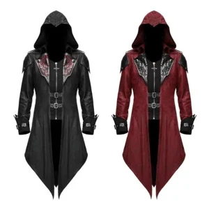 Vintage Gothic Hooded Long Coat Men Medieval Spliced Irregular Hem Jacket for Halloween Cosplay & Themed Party