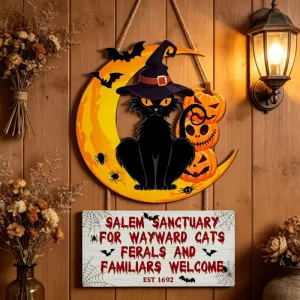 Vintage Halloween Decorations Handmade Durable Wooden Puzzle with Black Cat Bat Wooden Hanging Frame Spiderweb Witch Hat Pumpkin
