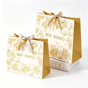 Vintage Inspired Gold Foil Paper Bags with Animal Motifs and Coordinated Ribbon for Bridal Shower or Baby Shower Gifts