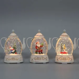 Vintage Red Distressed White Teapot Shape Christmas LED Snow Globe Santa Snowman Glitter Light