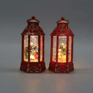 Vintage Red Gold Brushed Snow Globe Lantern LED Swirling Glitter Holiday Tabletop Decor Snow Ball