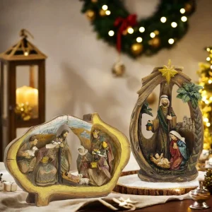 Vintage Resin Nativity Scene Figurines Holy Family Christmas Ornaments for Religious Home Accents Holiday Display