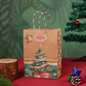 Vintage Santa Xmas Tree Print Degradable Brown Kraft Paper Craft Gift Bags with Candy Twist Rope Handle