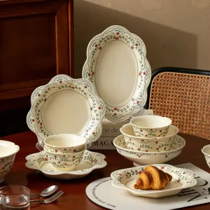 Vintage Scalloped Red Floral Ceramic Dinnerware Set Bowls Plates Oval Fish Platter Home Wedding Gift Cafe Farmhouse Tableware