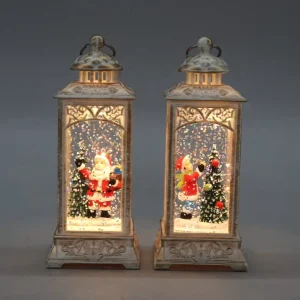 Vintage White Wash Christmas LED Snow Globe Lantern Santa Snowman Tree Carved Water Glitter Light for Xmas Decor