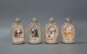 Vintage White and Gold Trim Christmas Lantern LED Snow Globe Santa Snowman Reindeer Glitter Light