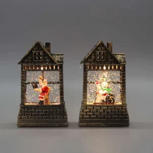 Vintage Whitewash House Christmas Glitter Light Weathered Santa Pattern Lantern for Farmhouse Xmas