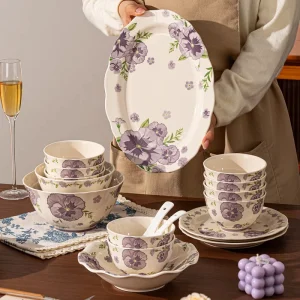 Violet Pansy Floral Ceramic Dinnerware Set Bowls Plates Fish Tray Home Dining Wedding Gift Restaurant Catering Daily Tableware