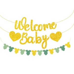 WELCOME BABY Birthday Paper Banner Decoration Set Golden Letter & Clothes-Shaped Banners No Flagpole
