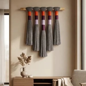 Wabi Sabi Large Tassel Wall Hanging Macrame Wall Decor Neutral Earth Striped Fiber Wall Art for Home Interior Decoration