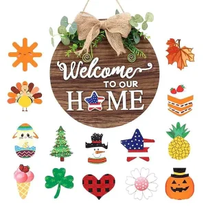 Wall Hanging Interchangeable Seasonal Holiday Icons Wreath Rustic Round Wooden Welcome Door Sign for Front Door Porch Decoration