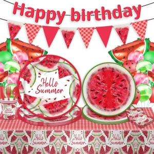 Watermelon-themed Hello Summer Party Tableware Set Red Disposable Paper Plates Cups Tablecloth 9-Piece Festive Summer Party